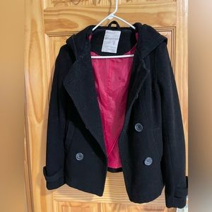 Aeropostale Women Girls Jacket Black Pea Coat 58% Wool Small Extra Buttons